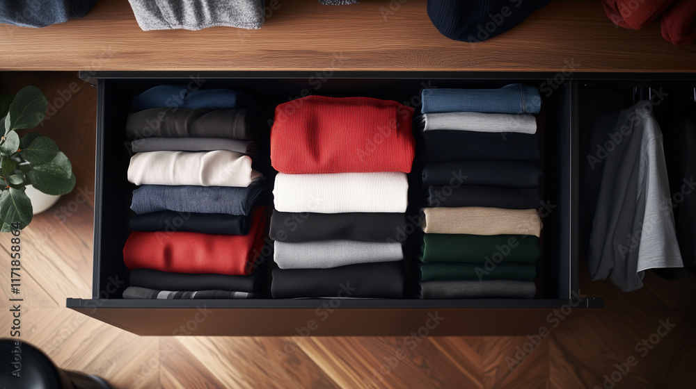 Poster an overhead view of drawers with clothes folded into compact sections, organized by type and flowing