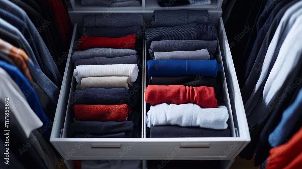 Aufkleber an overhead view of drawers with clothes folded into compact sections, organized by type and flowing