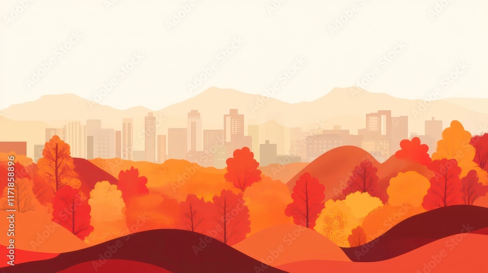 Poster autumnal cityscape with colorful foliage and hazy mountains in the background.