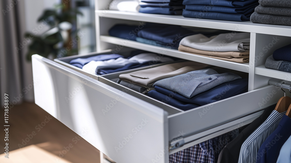 Aufkleber open drawers in a bright, modern dresser with clothes folded precisely and organized by type and com
