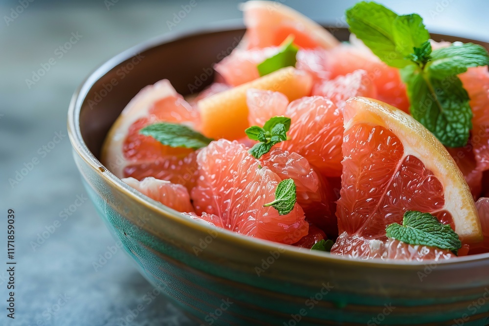 Poster sliced grapefruit and mint leaves creating a refreshing and healthy salad
