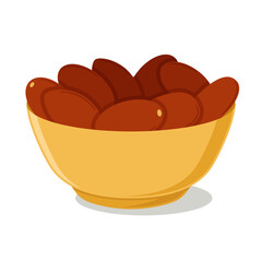 A yellow bowl dates fruit isolated on white background. vector illustration of dates fruit for iftar in ramadan