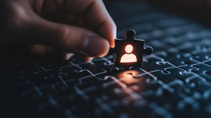 A glowing puzzle piece with a person icon being inserted by hand into a nearly complete wooden jigsaw puzzle, representing the hiring process.