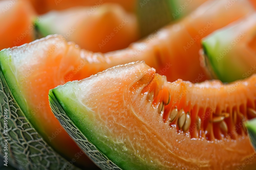 Poster slices of cantaloupe showing the juicy orange inside and seeds, creating a refreshing summer image