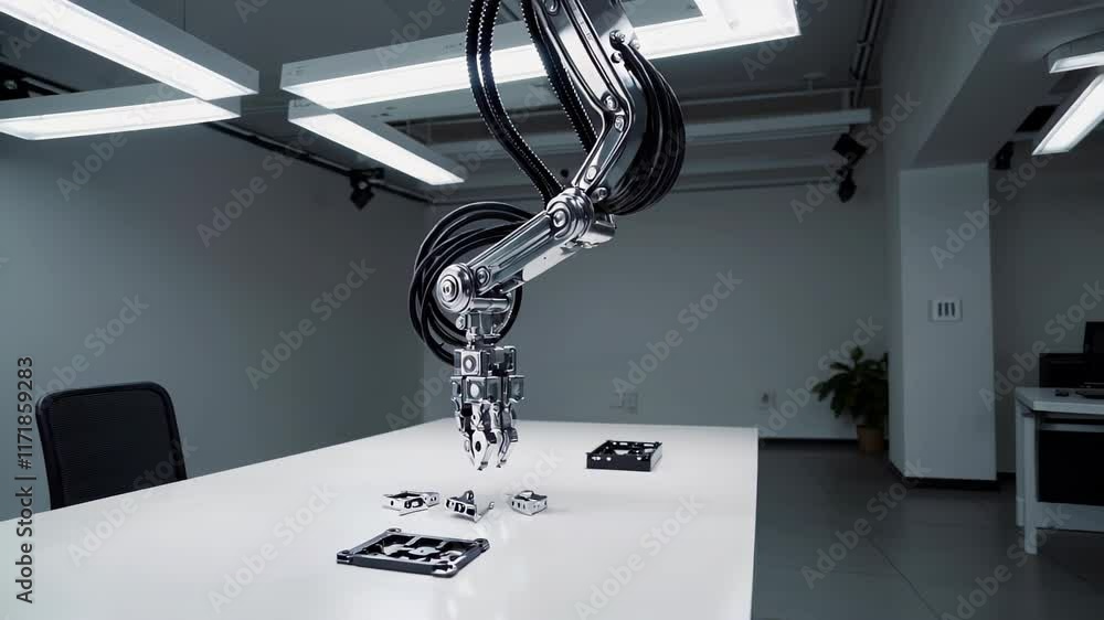 Aufkleber advanced robotic arm performing precision tasks on a white table in a modern laboratory setting