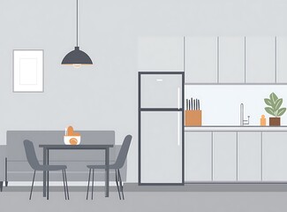 Modern kitchen interior with dining table and refrigerator, grey sofa against wall with cabinet on top