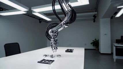 Advanced robotic arm performing precision tasks on a white table in a modern laboratory setting