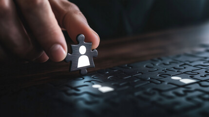 An illuminated person-shaped puzzle piece completing a wooden jigsaw puzzle, symbolizing HR and recruitment success, with a hand carefully placing it.