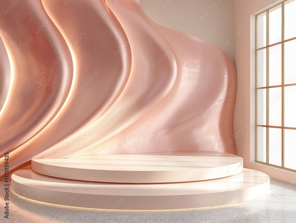 Poster a pink abstract backdrop with wavy patterns is positioned behind a circular stage. concept showcases