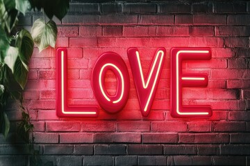 Obraz premium Neon sign, text Love on brick wall background. Design element for Happy Valentine's Day banner, greeting card, poster. 