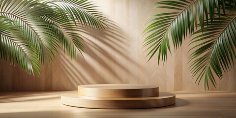 Fototapeta premium Long exposure captures a 3D wooden podium, palm leaf backdrop, showcasing beauty products in a minimalist beige spa setting.