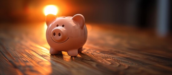 A pink piggy bank sits on a wooden surface with a warm light in the background. Concept of saving money. For financial planning articles