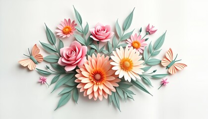 Obraz premium Pastel colored cut paper flowers create beautiful bouquet arrangement. Roses daisies dahlias, leaves artfully layered. Butterflies flutter among. Simple modern wall decor design. Perfect for spring
