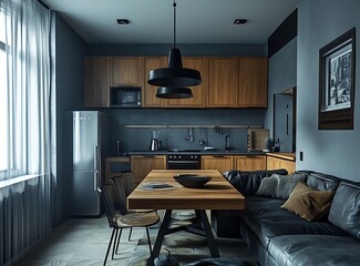 Fototapeta premium Modern kitchen interior with a table and chairs, a sofa in front of the table,