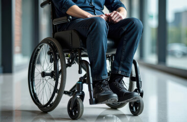 Disabled man sitting in wheelchair  in modern hall