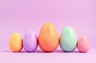Fototapeta premium Five colorful easter eggs standing on pink background