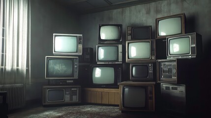 A corner filled with vintage televisions in a dimly lit room.