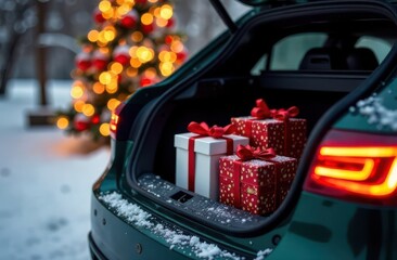 Car trunk full of christmas gifts ready for delivery with christmas tree in background