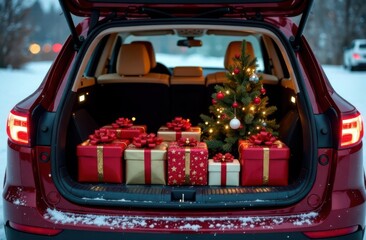 Car trunk loaded with christmas gifts and decorated tree