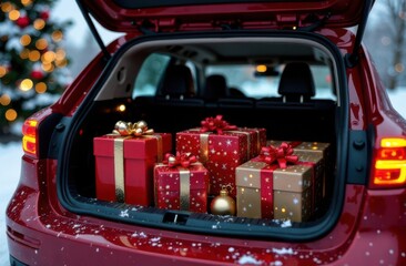 Red car trunk full of christmas gifts ready for delivery