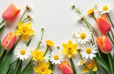 Colorful spring flowers frame creating copy space on white background