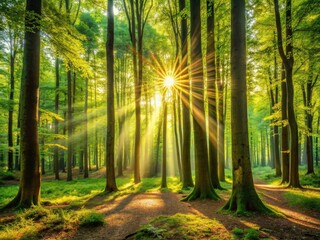 Lush green woodland awash in sunlight filtering through a dense canopy.