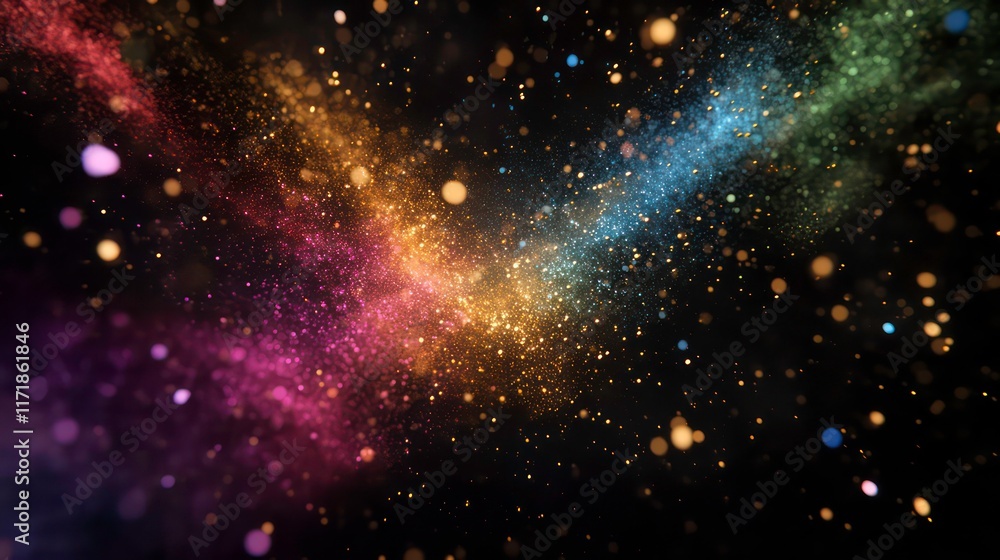 Poster abstract colorful particles swirling in dark space, creating a vibrant cosmic effect.