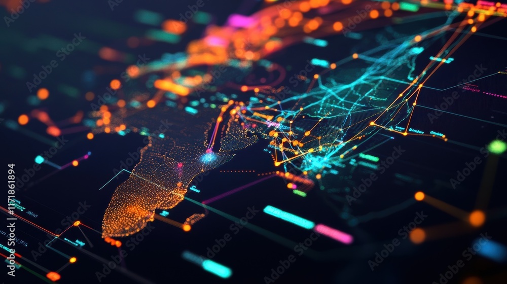 Poster colorful digital world map showing data exchange and network connections between continents, represe