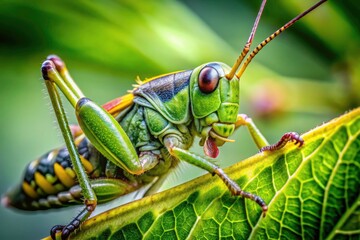 Fototapeta premium Macro photography reveals a grasshopper's delicate feeding on lush green foliage.