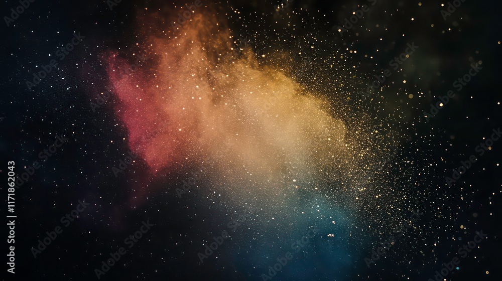 Aufkleber colorful nebula-like dust cloud in dark space with sparkling particles.
