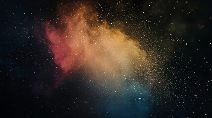 Colorful nebula-like dust cloud in dark space with sparkling particles.