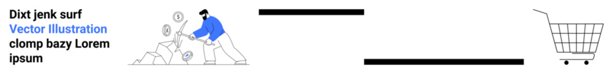 Man in blue jacket climbing mountain of rocks with icons above it, heading towards an empty shopping cart. Ideal for motivation, achievement, business goals, success, e-commerce, promotions. Banner