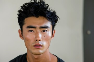 Fototapeta premium Headshot of a young male model with a serious expression, showcasing his clear skin and styled hair