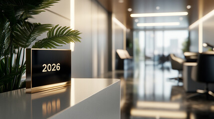 Minimalistic modern "2026" sign on a sleek office table in bright white gold and silver tones with blurred background caption space symbolizing simplicity focus and progress in a contemporary workspac