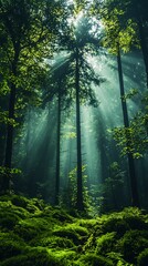 Obraz premium Sunbeams piercing through a lush, mossy forest.