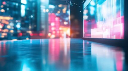 Night city scene with neon lights reflecting on a glossy surface.