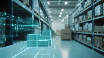 Warehouse inventory management system with digital holographic projection of boxes on a table.