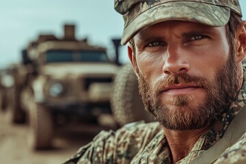 Obraz premium A soldier, on background of military vehicles and equipment. Generative AI