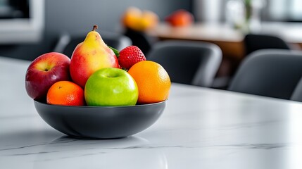 A colorful fruit bowl sits on a kitchen counter, filled with vibrant apples, oranges, pears, and a...