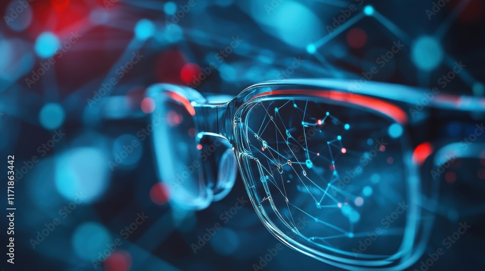 Poster futuristic smart glasses are displaying holographic network connections, representing augmented real
