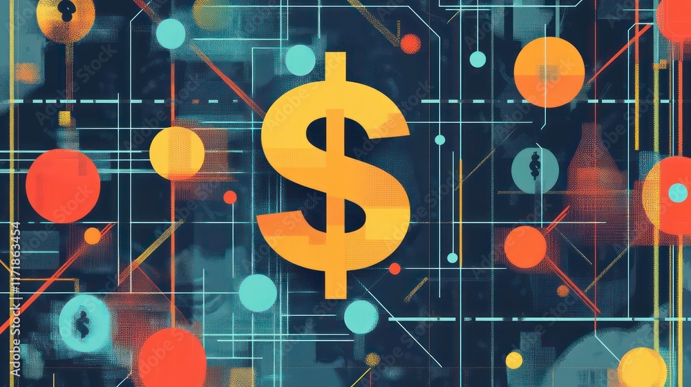 Leinwandbilder Abstract digital illustration of a dollar sign within a complex network of lines and circles.