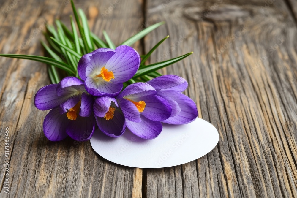 Poster beautiful spring crocus flowers and a card on a colorful background, arranged in a flat lay style. t