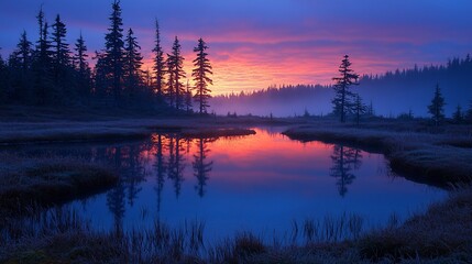 Misty sunrise over tranquil lake reflecting colorful sky, silhouetted trees.