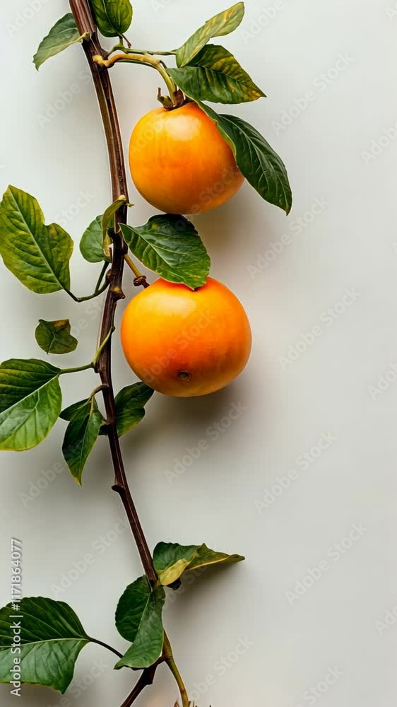 Aufkleber fresh persimmons hanging from a branch against a light background in a minimalist design