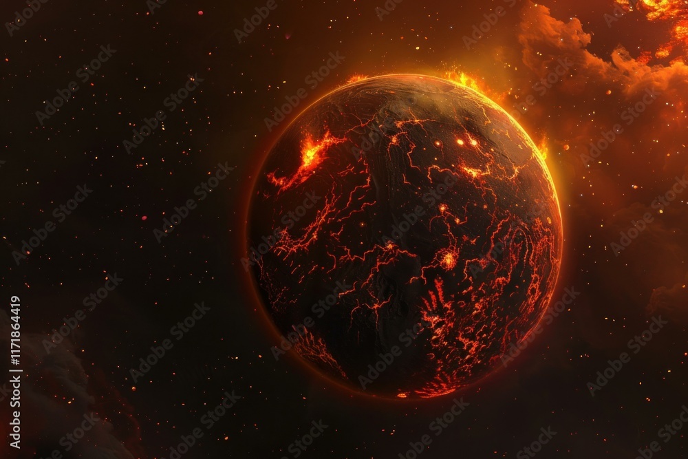 Poster planet is burning and exploding in outer space, with visible lava and cracks