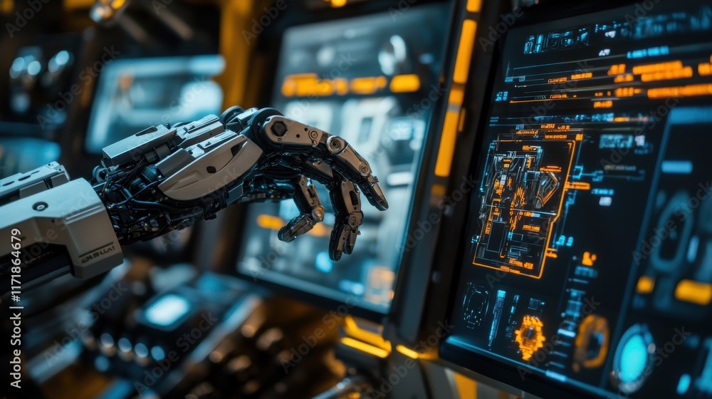 Poster robotic arm interacting with a futuristic computer interface, showcasing complex schematics and data