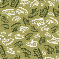 Vector green monochrome repeat waterproof hiking shoes for woman doodle seamless pattern. Suitable for textile, wallpaper and trekking brochures.