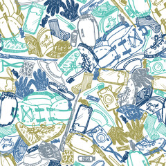Vector white seamless chaotic overlap doodle sketch pattern with objects for trekking and hiking. Suitable for textile, wallpaper and trekking brochures.