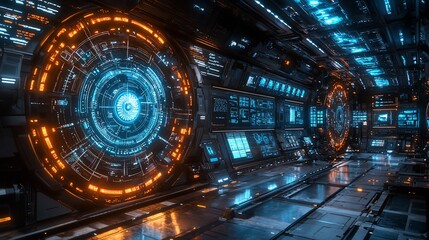 Fototapeta premium Futuristic spaceship interior with glowing control panels and displays.