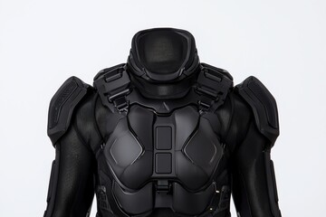 A futuristic black armored suit with detailed textures, designed for protection and advanced functionality, showcasing a modern, sleek aesthetic.